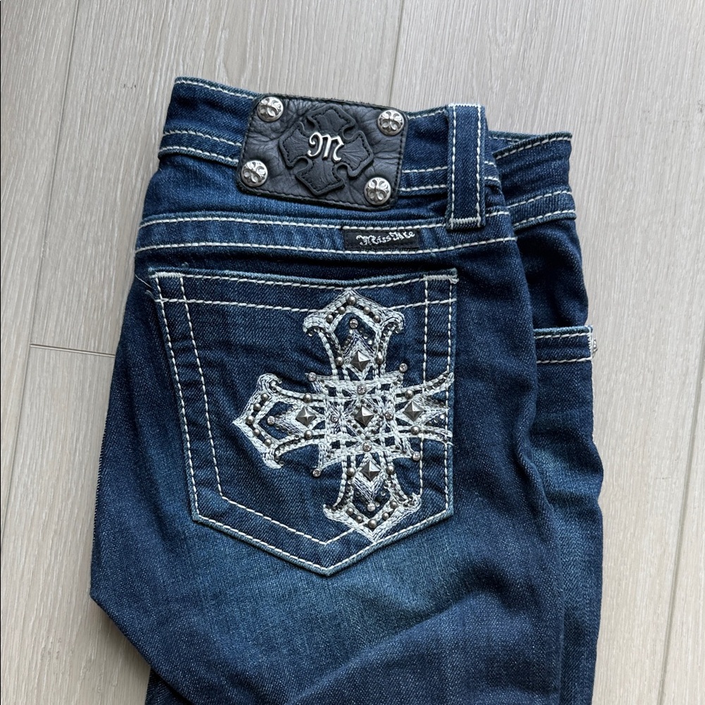 VINTAGE 2002 Miss Me Dark Blue Boot Cut Jeans with Rhinestone Cross